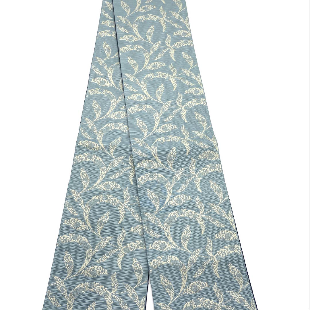 (新品)半幅帯 ポリエステル NEWランク 沈香茶色(とのちゃいろ) 紺滅色(こんげしいろ) 植物模様 花菱風 リバーシブル 帯丈400cm 青系 1125002691417