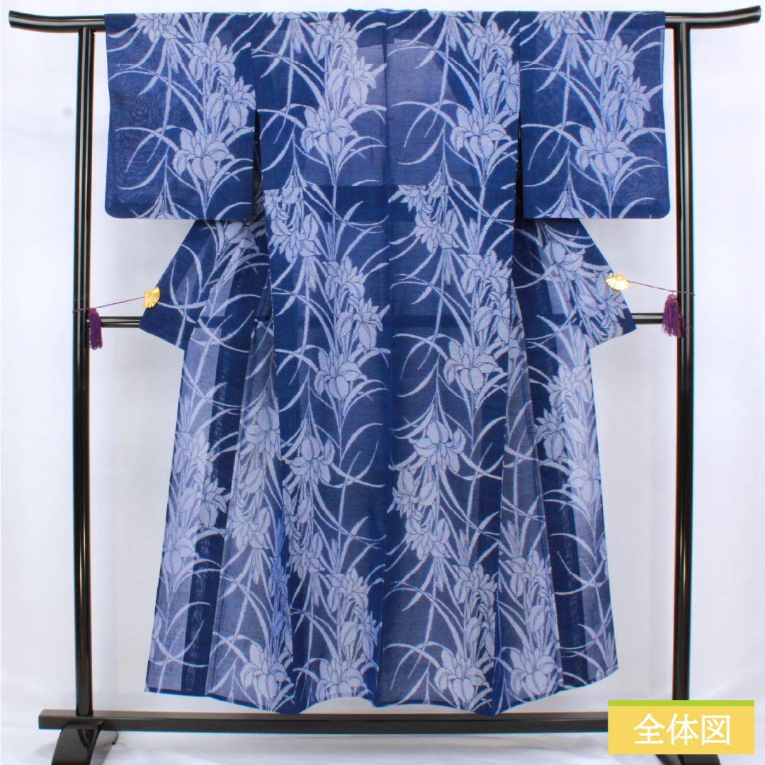 Summer pure silk tsumugi kimono, length 151cm, sleeve length 62.5cm, navy blue with iris and gauze, A-rank, blue, 1132002813217