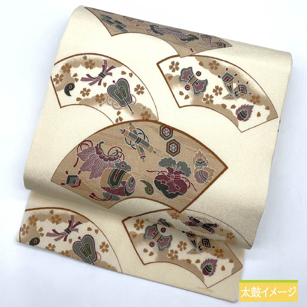 名古屋帯 生成り色(きなりいろ) ちりめん地 染め帯 扇面 帯丈365cm 正絹 Aランク 全通 カジュアル ベージュ系 1124007183325 名古屋仕立て