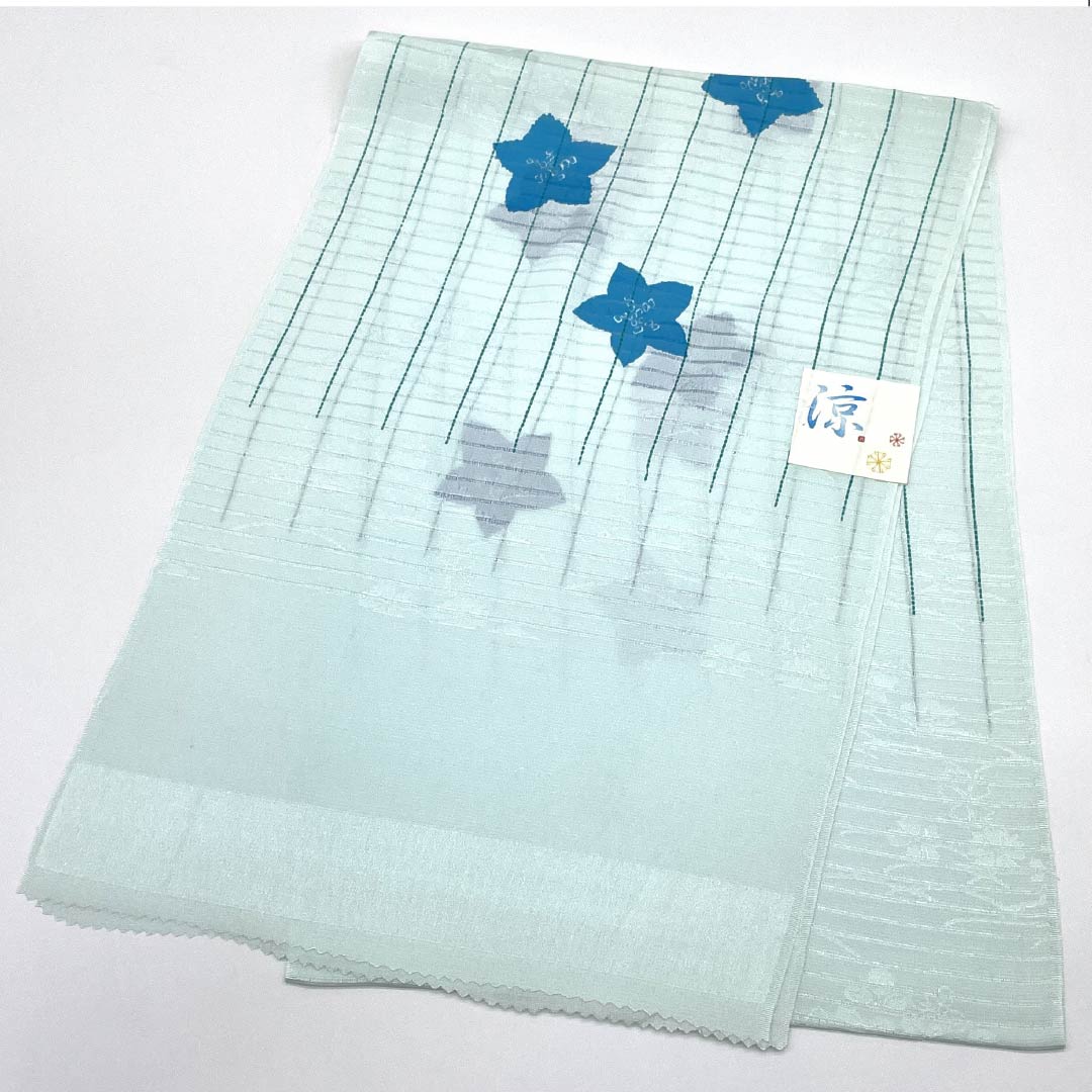 (New) Obiage, pure silk, semi-formal, indigo white, summer, bellflower, length 172cm, width 28cm, new rank, light blue, 1136000781924