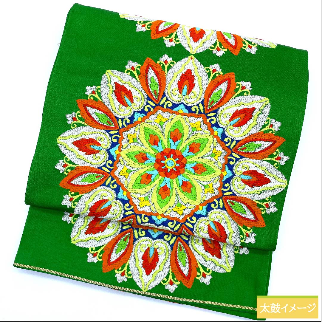 袋帯 緑色 宝相華 帯丈418cm 正絹 Sランク 六通 フォーマル 緑系 1123010362319