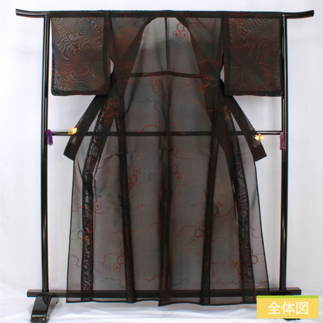 Summer pure silk komon length 163cm sleeve length 65cm tortoiseshell pattern cloud pattern gauze S rank black 1132002002410