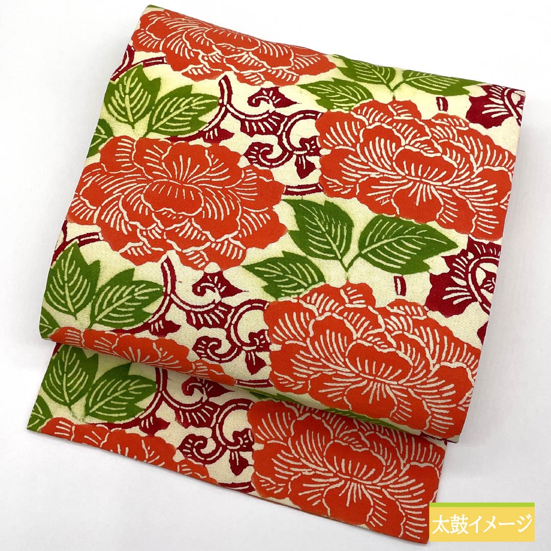 名古屋帯 乳白色色(にゅうはくしょくいろ) 京紅型 牡丹 花唐草 帯丈349cm 正絹 Aランク 六通 カジュアル クリーム系 1124007373315 名古屋仕立て