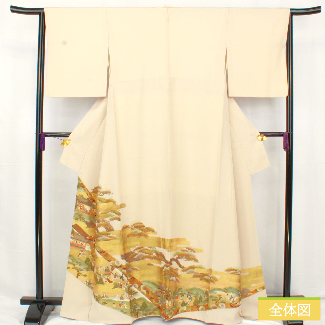 色留袖 正絹 身丈163cm 裄丈64cm 袷 白練色(しろねりいろ) 京友禅 刺繍 時代人物風景模様 一つ紋 三つ柏 パールトーン加工 Aランク ベージュ系 1111001493425