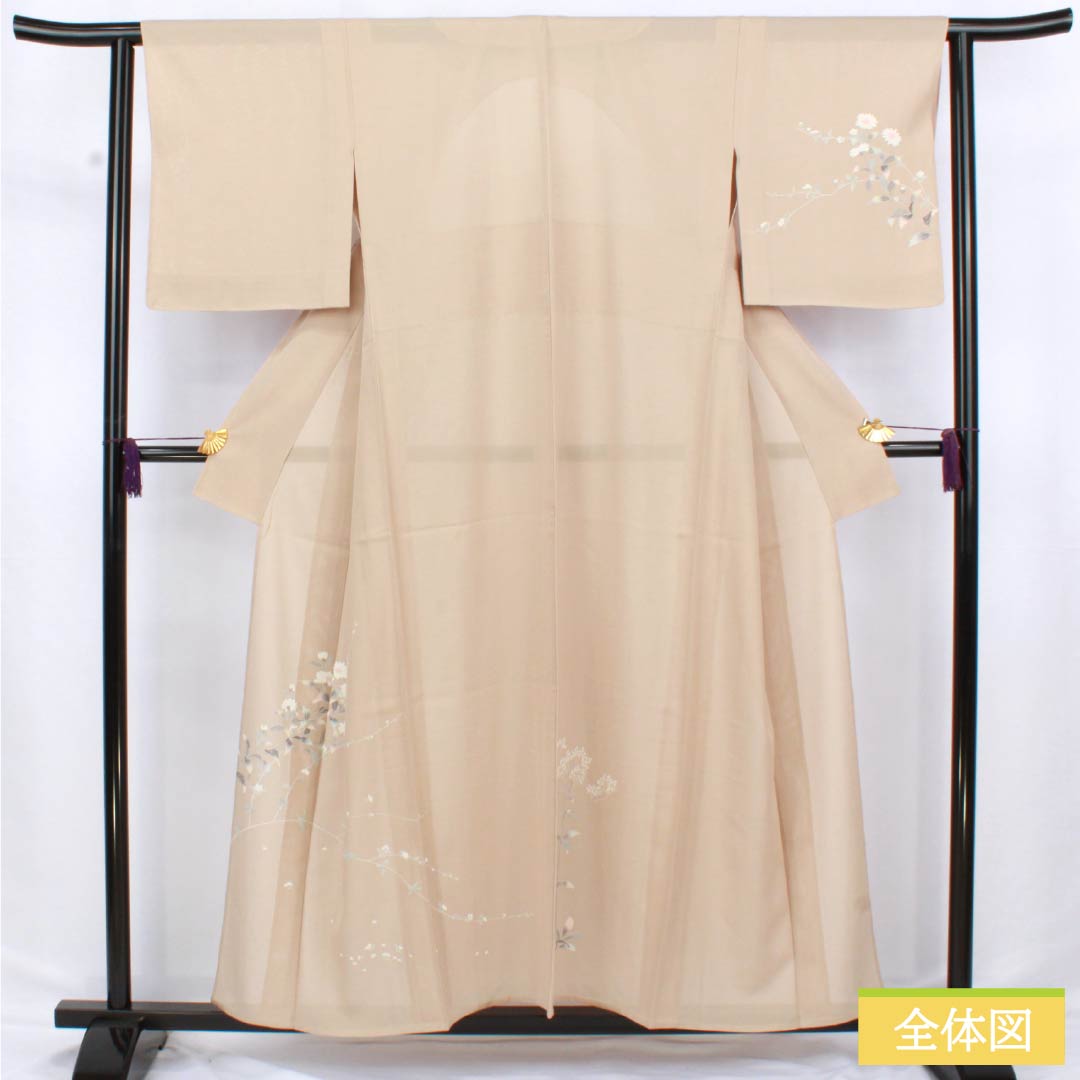 夏物 正絹 訪問着 身丈157cm 裄丈63cm 薄香色(うすこういろ) 草花模様 京友禅 絽 Sランク ベージュ系 1132002752325