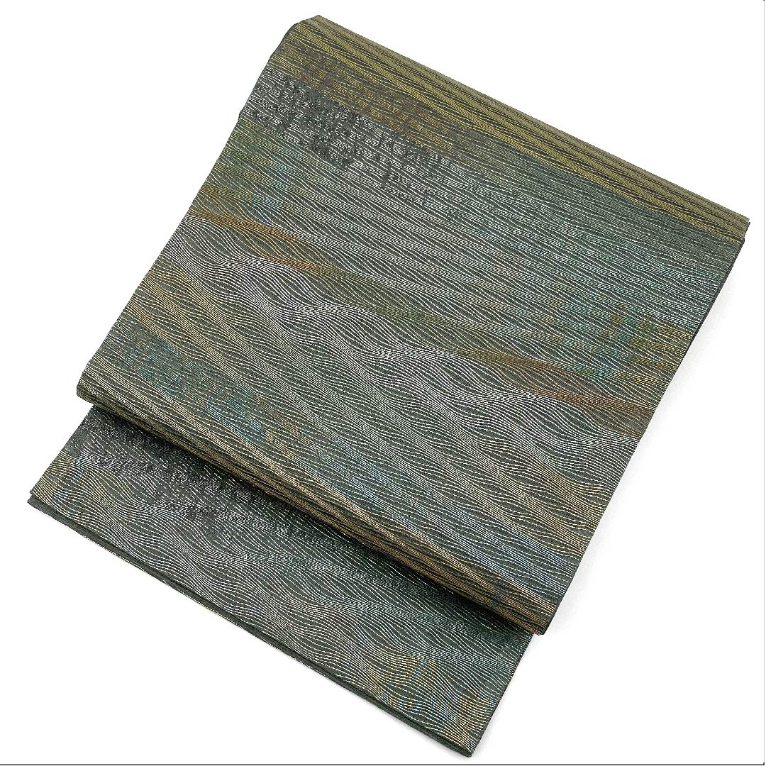 袋帯 湊煤竹色(みなとすすたけいろ) 夏帯 横段 抽象模様 帯丈428cm 正絹 Sランク 六通 セミフォーマル 緑系 1123007262319