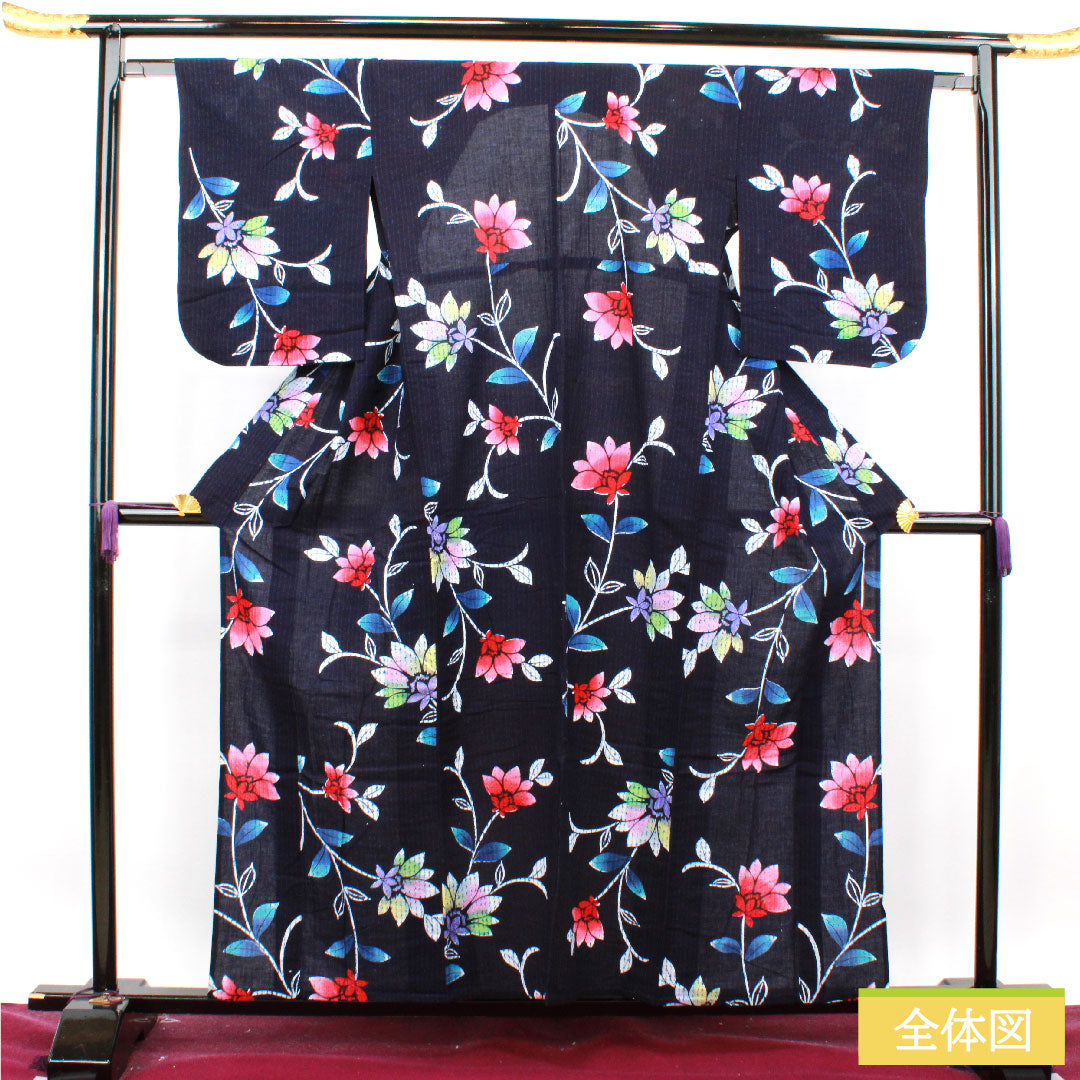 浴衣 木綿 身丈158cm 裄丈61.5cm Sランク 単衣 紺系 濃紺色(のうこんいろ) 抽象花 1118004862318