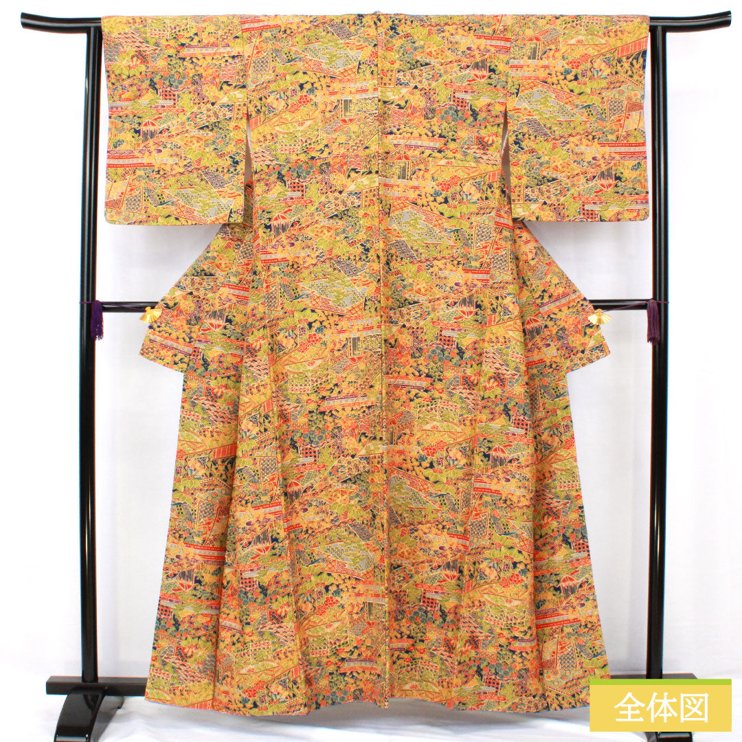 小紋 ポリエステル 身丈160cm 裄丈63.5cm 袷 紺藍色(こんあいいろ) 洗える着物 吉祥文様 Sランク 紺系 1115004612418