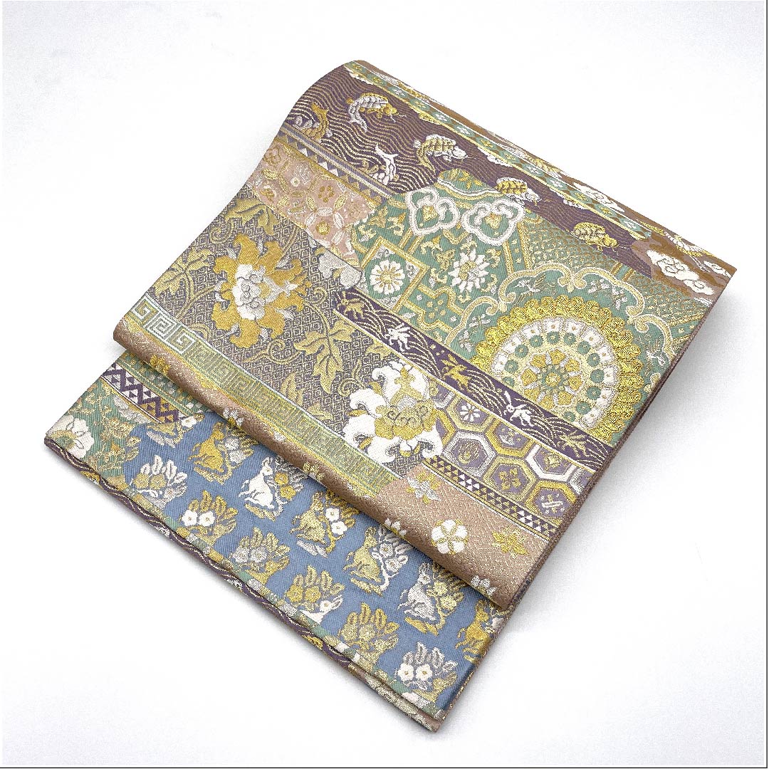 リサイクル着物】袋帯 グラデーション 花うさぎ 荒磯（あらいそ） 鶴 
