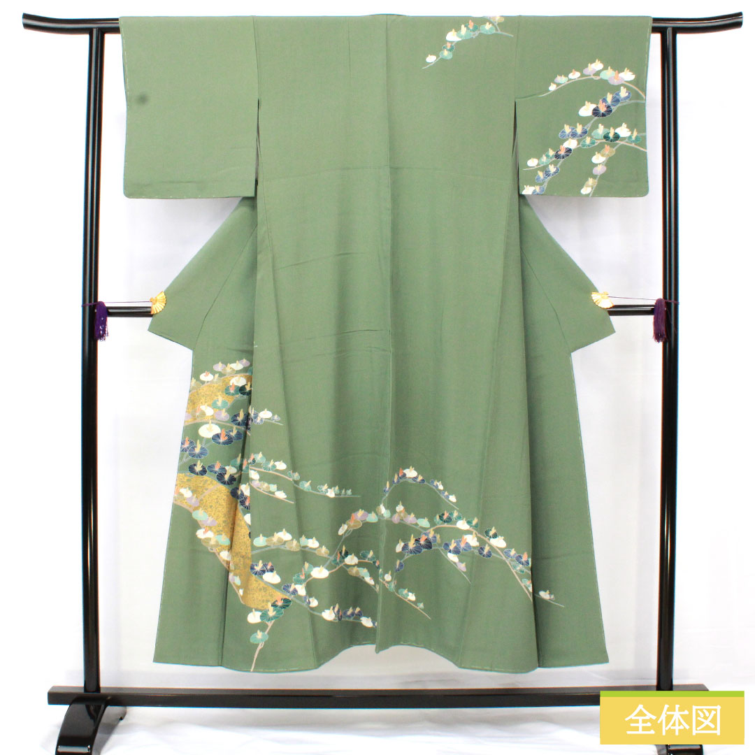 訪問着 正絹 袷 身丈146.5cm 裄丈60cm 琅玕色(ろうかんいろ) 京友禅 抽象模様 しつけ糸付き 未使用品 Sランク 緑系 1112005102119