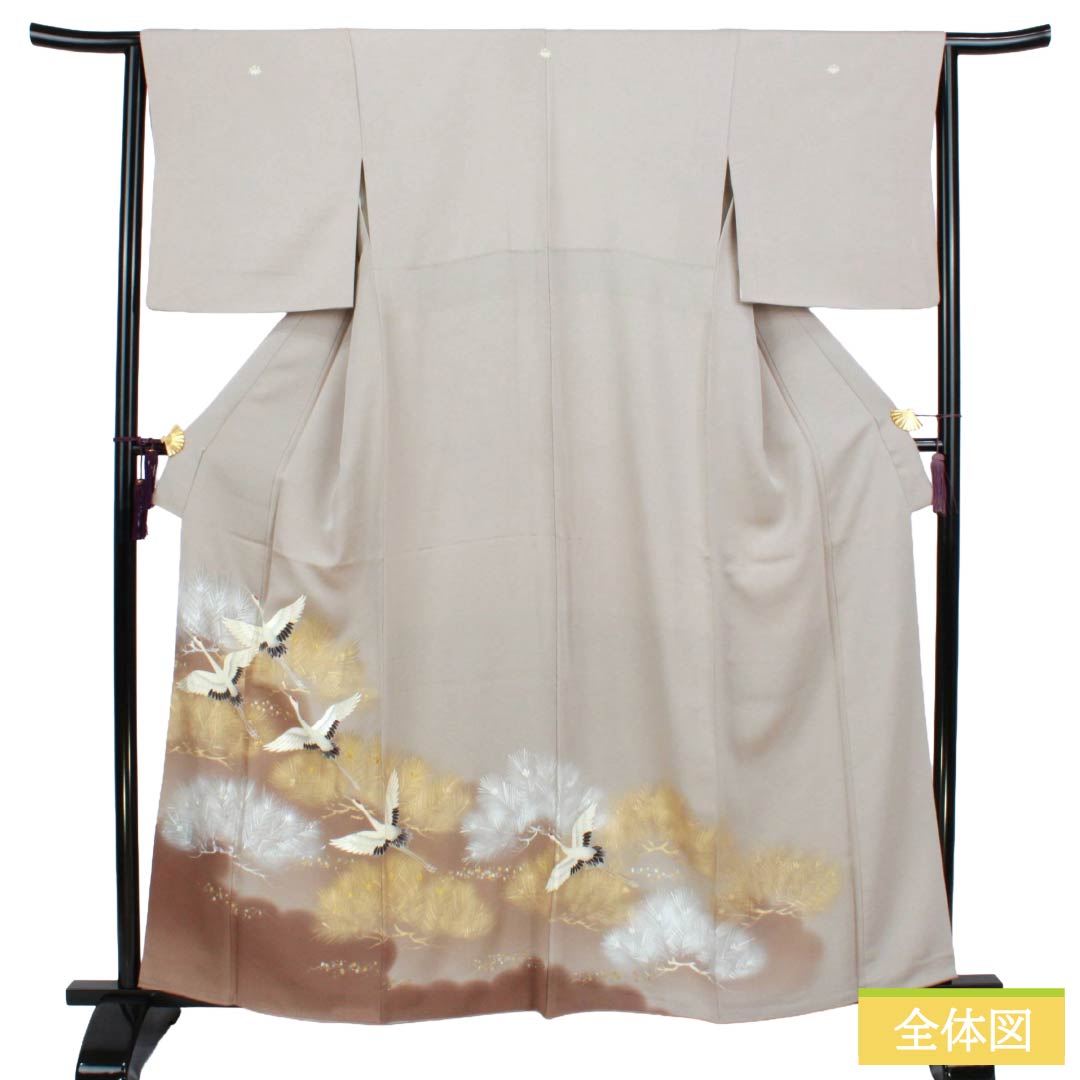 色留袖 正絹 Sランク 身丈161cm 裄丈64.5cm 袷 絹鼠色(きぬねずいろ) 京友禅 鶴 松 三つ紋 笹竜胆 三つ紋 グレー系 1111002132422