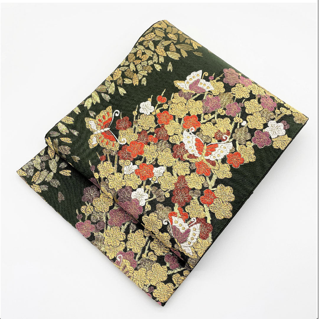 袋帯 革色(かわいろ) 振袖用 蝶 桜 帯丈438cm 正絹 Aランク 六通 フォーマル 緑系 1123005003319