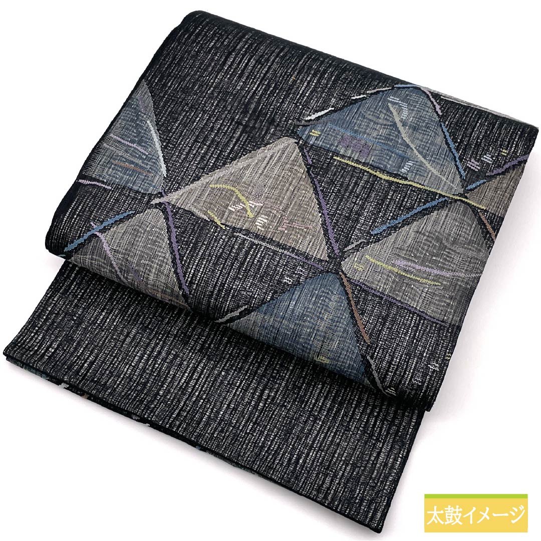 袋帯 正絹 幾何学模様 夏帯 すくい織 櫛織り 帯丈440cm Sランク ポイント柄 カジュアル 黒系 1123014632310