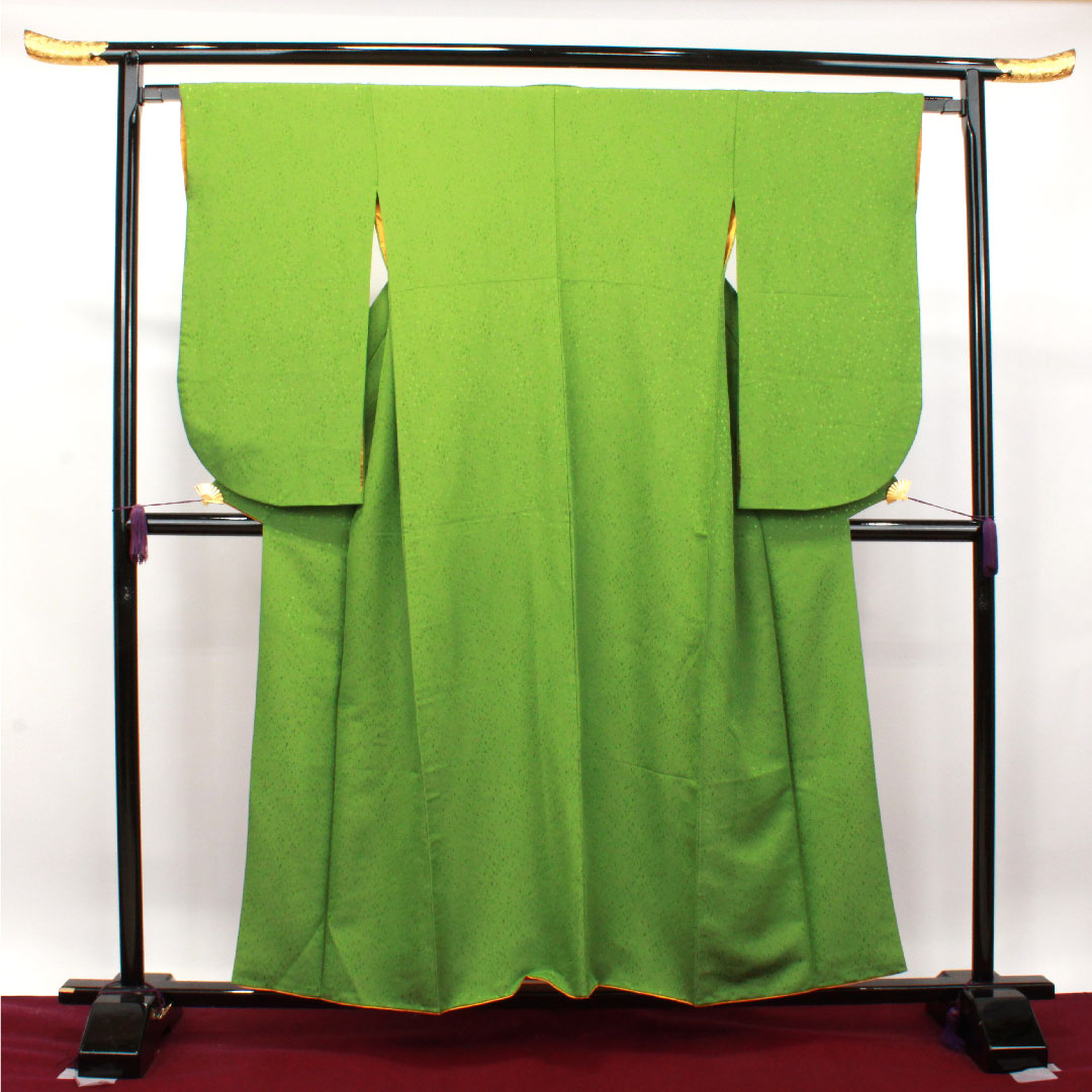 色無地 ポリエステル 常盤色 洗える着物 身丈156cm 裄丈63cm 袷 Sランク 緑系 1114001072319