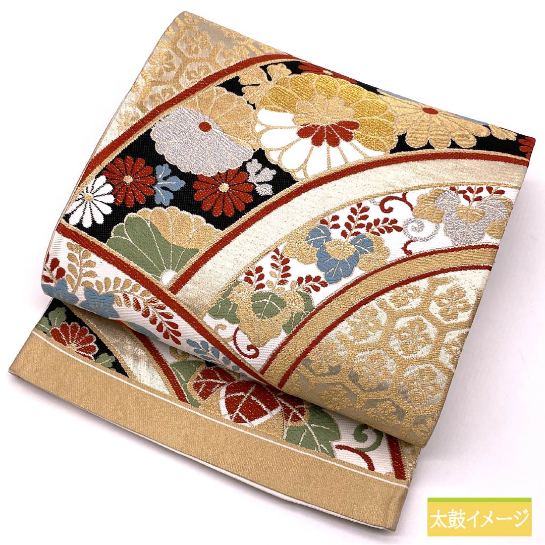 (未仕立)袋帯 正絹 Aランク 亀甲 振袖用 吉祥文様 桐 帯丈420cm 六通 フォーマル 金系 1123014203321