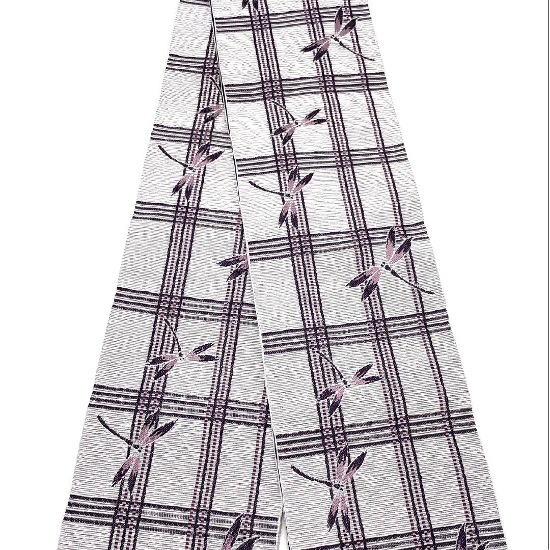 半幅帯 ポリエステル 帯丈360cm 小町鼠色(こまちねずいろ) 格子 トンボ 古典柄 グレー系 Sランク 1125001492322