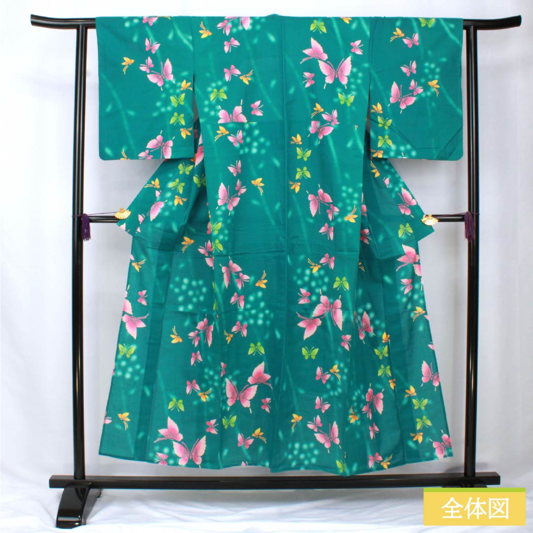 浴衣 木綿 身丈151.5cm 裄丈61.5cm Sランク 単衣 緑系 織色(おりいろ) 蝶 1118005862219