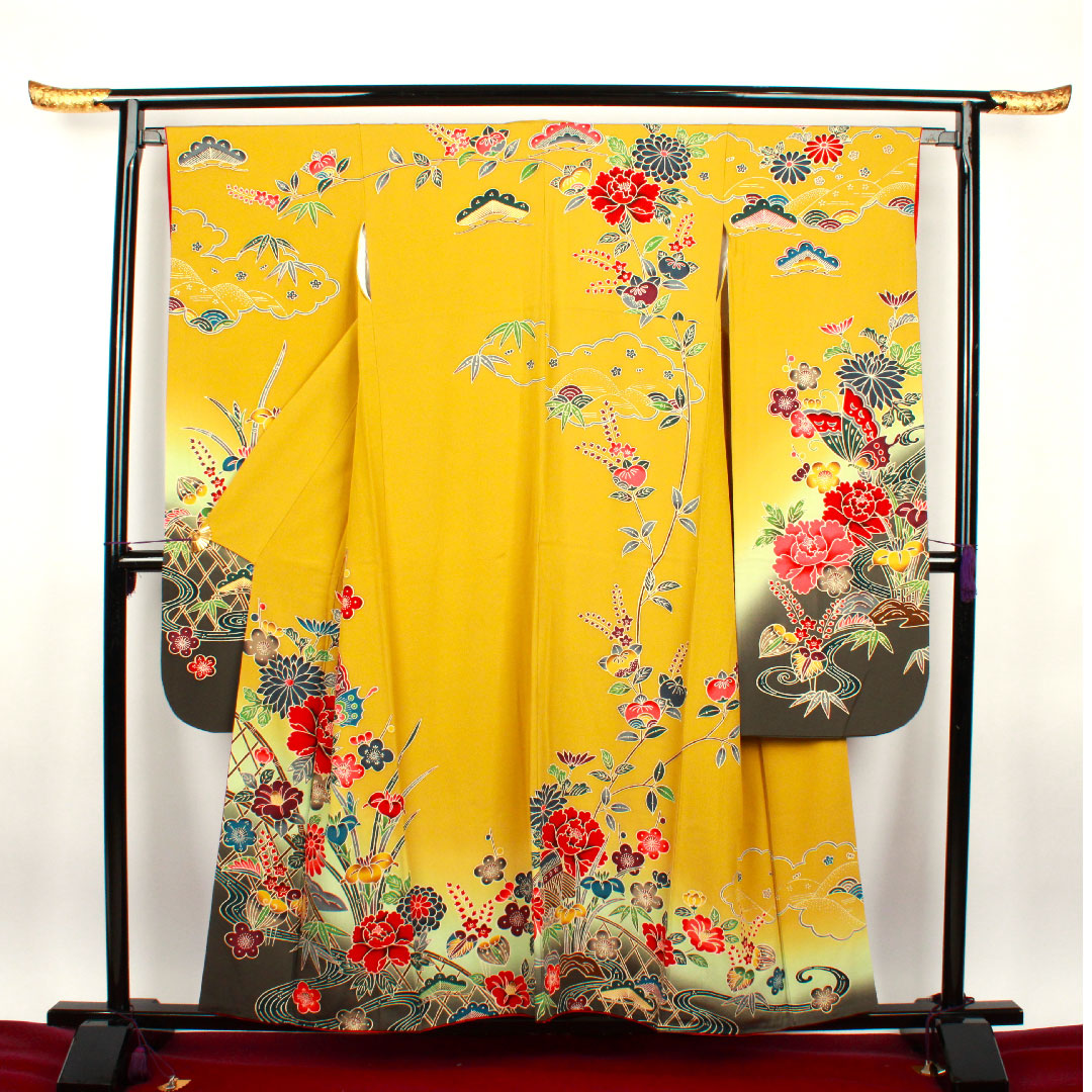 振袖 身丈155.5cm 裄丈64.5cm 袷 芥子色 京紅型 草花模様 正絹 Aランク 黄系 1113000893323