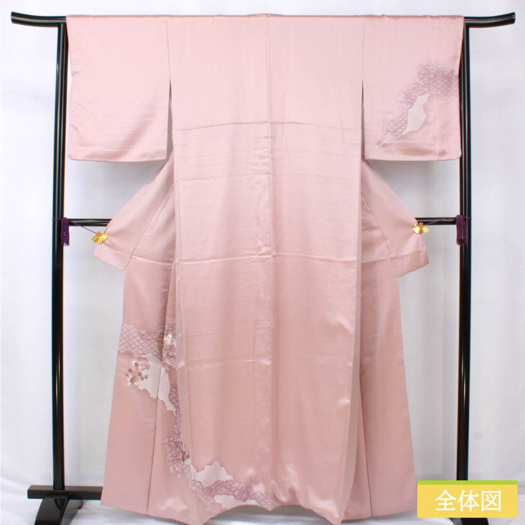 Visiting Kimono, Pure Silk, S-Rank, Lined, Length 165cm, Sleeve Length 64.5cm, Faded Red (Arasomeiro), Kyoto Yuzen, Tsukesage, Embroidered Flowers, Pink, Product Number: 1112006582513