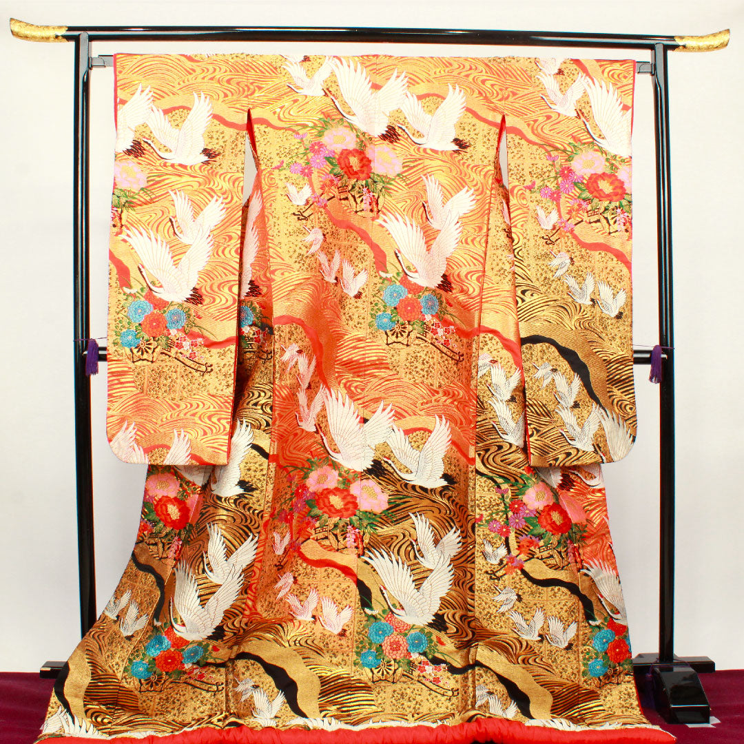 色打掛 身丈191cm 緋色 唐織 流水 鶴 正絹 Sランク 袷 朱系 1110000292916