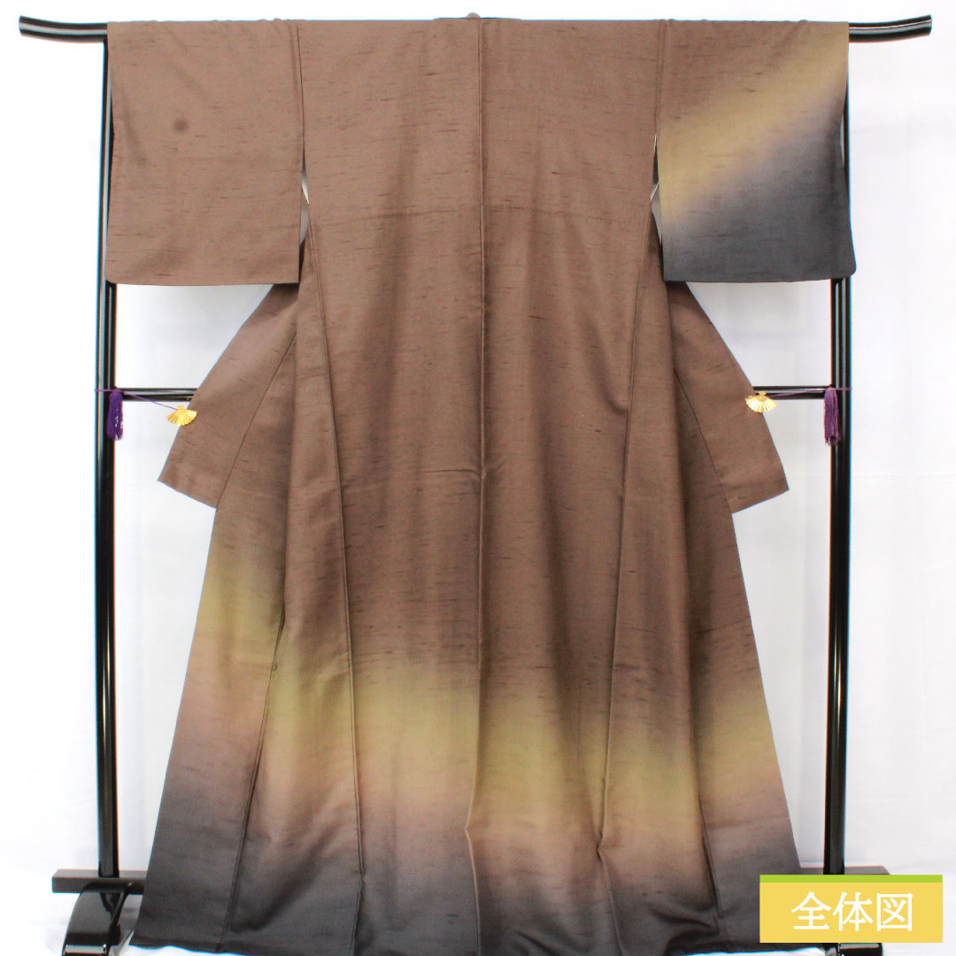 訪問着 正絹 袷 身丈169.5cm 裄丈66cm 燻色(ふすべいろ) 紬地 ボカシ模様 Aランク 茶系 1112005343514