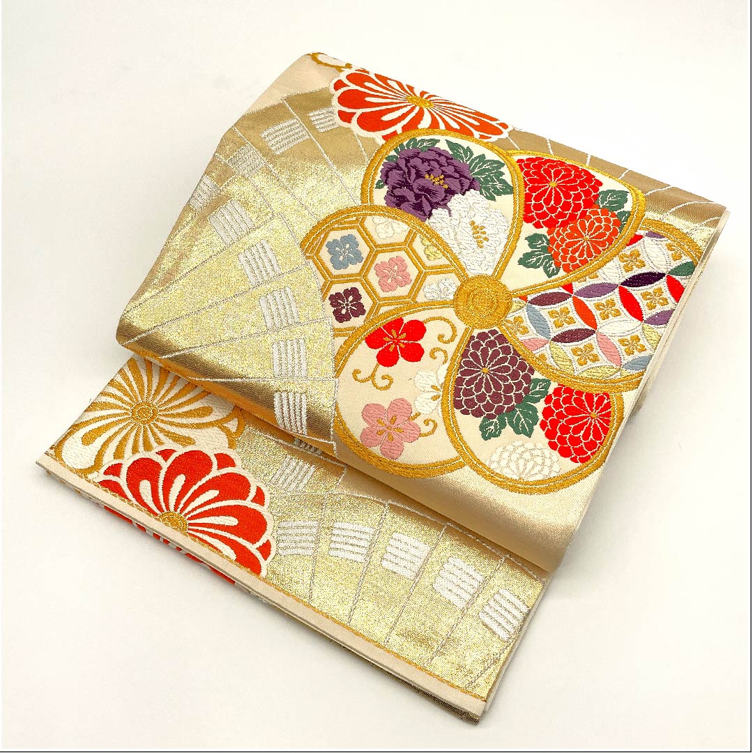 袋帯 生成り色(きなりいろ) 古典梅 吉祥文様 扇面 帯丈442cm 正絹 Sランク 六通 フォーマル クリーム系 1123002762315