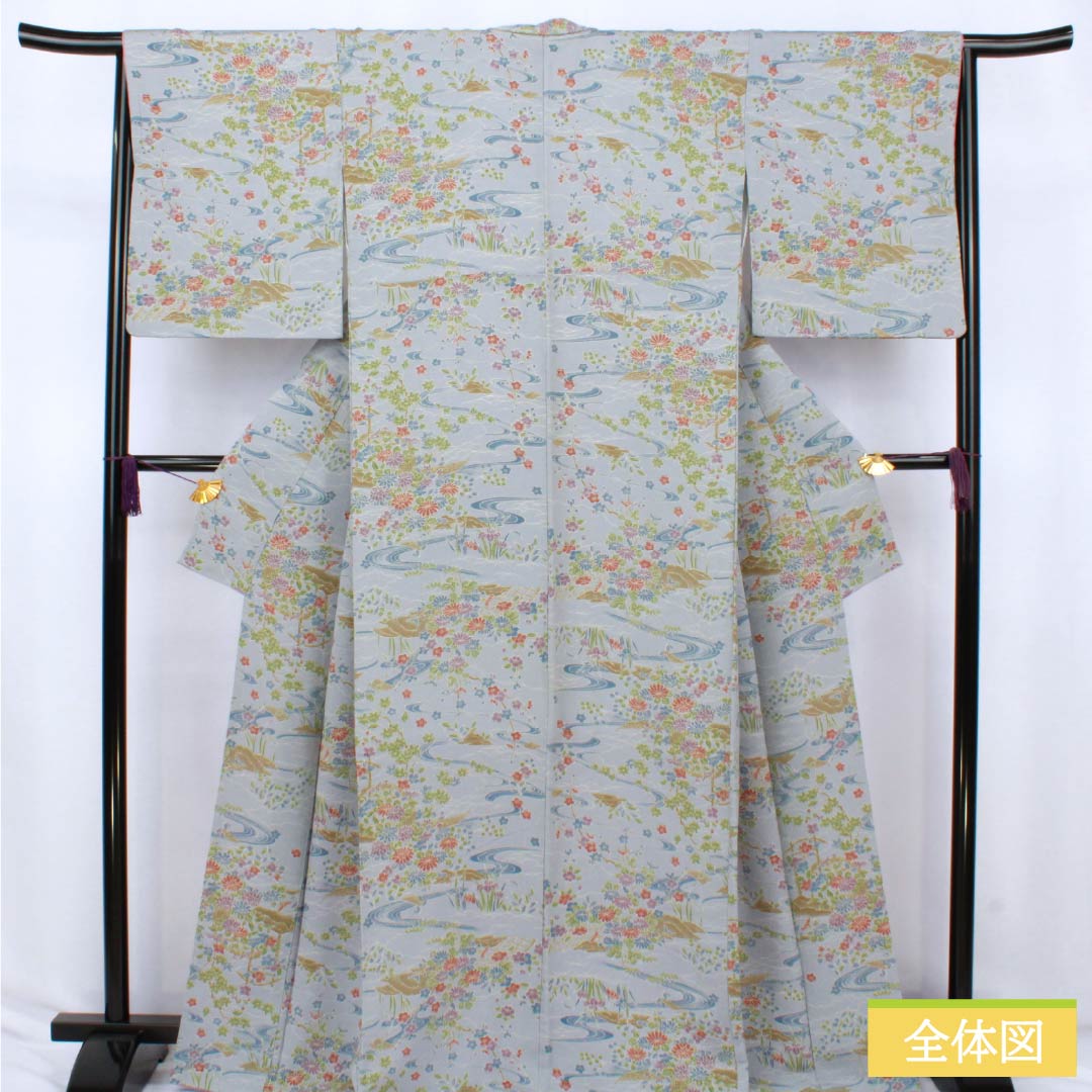 Small-patterned polyester kimono, S rank, length 166cm, sleeve length 66cm, lined, blue-gray (seitai-nezuiro) with flowing water and floral motifs, washable, light blue, 1115007392524