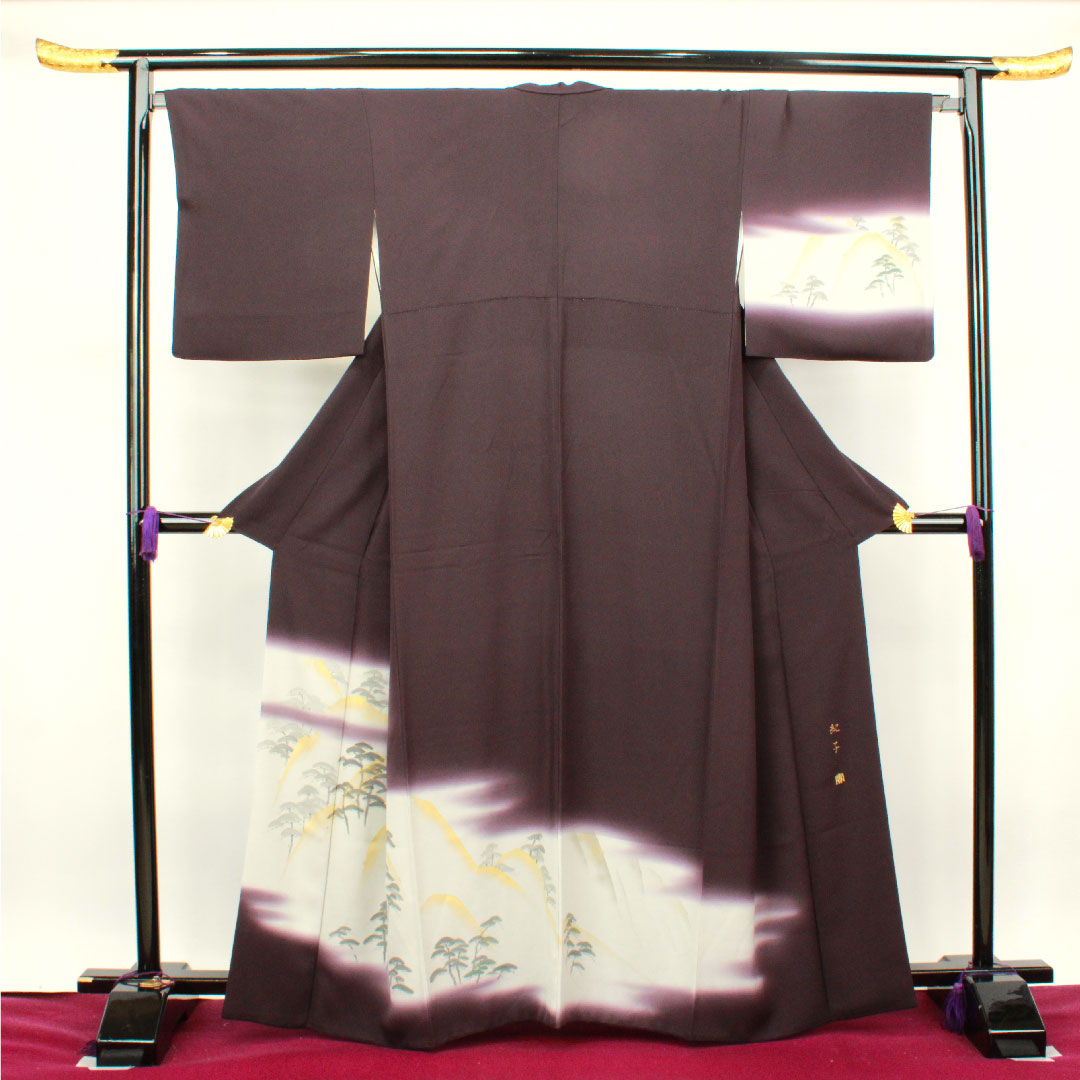 訪問着 袷 身丈164cm 裄丈65cm 紫黒色 作家物 風景模様 正絹 Aランク 紫系 1112002483420