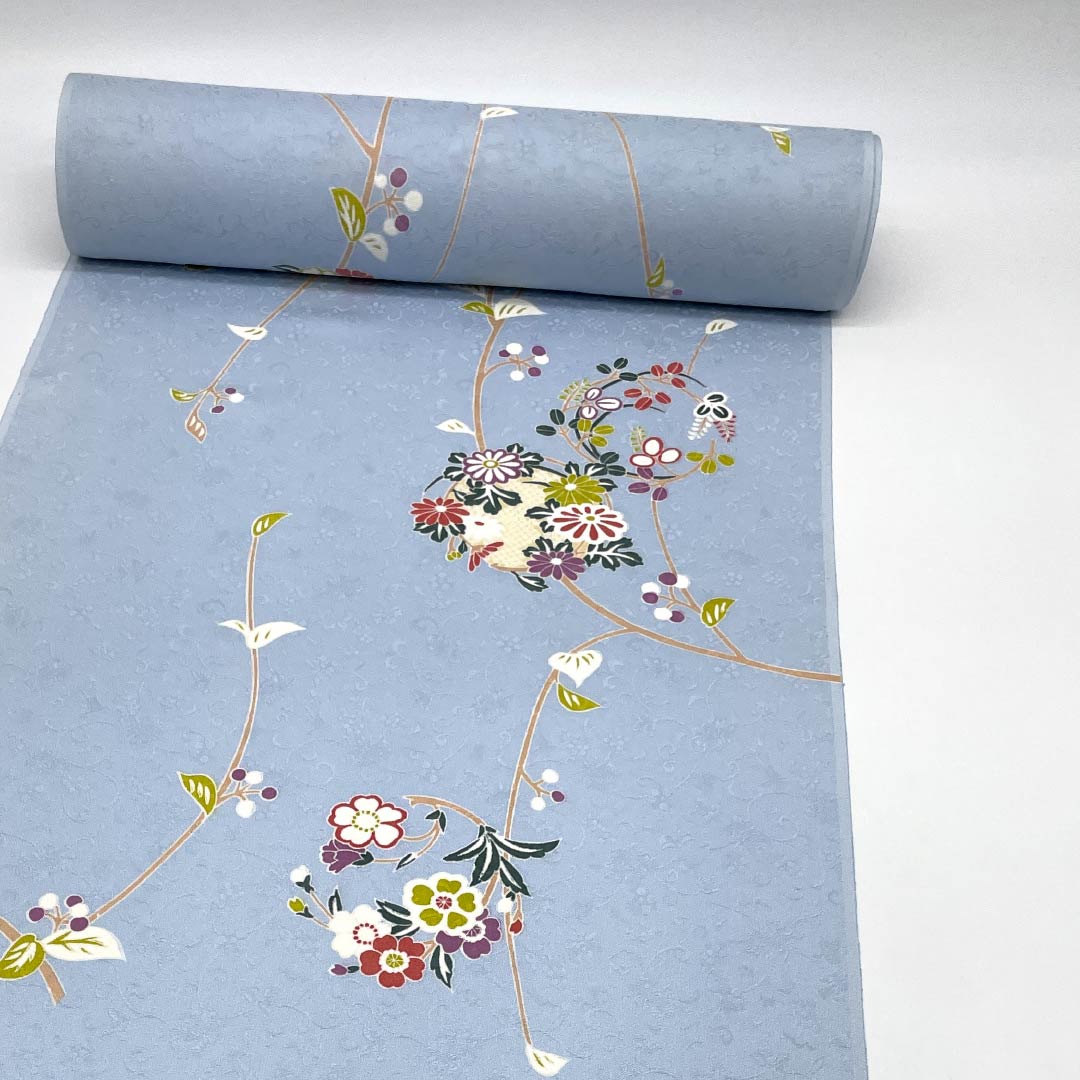 反物 小紋 正絹 蒼白色(そうはくしょく) 京友禅 花柄 尺五幅 NEWランク 水色系 1130001051924