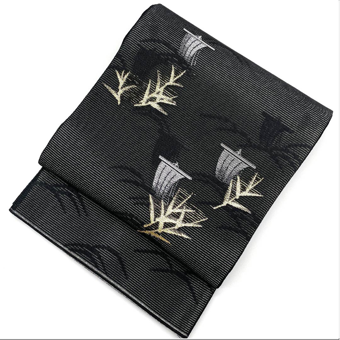 袋帯 夏帯 黒色 帆舟 夏物 帯丈444cm ポリエステル Aランク 六通 セミフォーマル 黒系 1123008553310