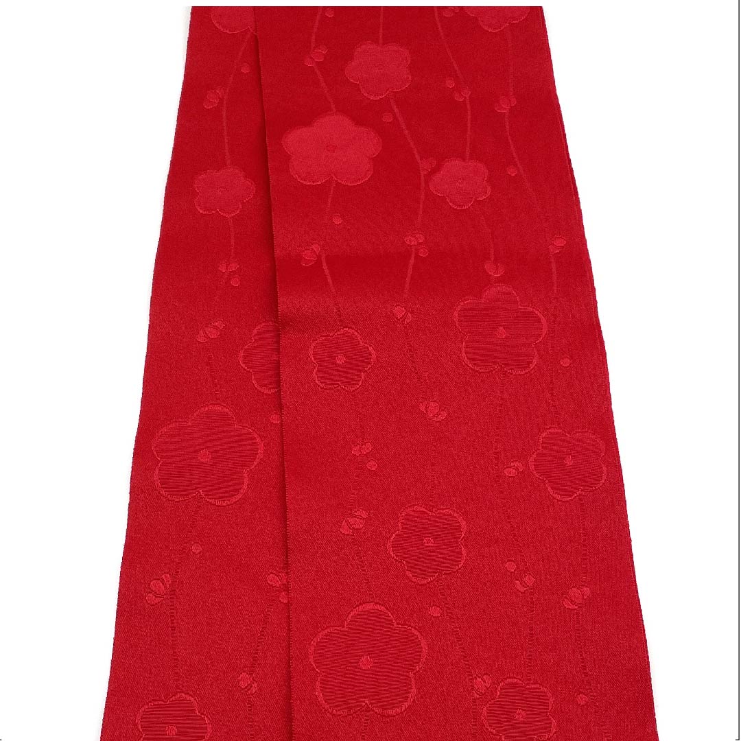 リサイクル着物】半幅帯 ポリエステル 紅赤色（べにあかいろ） 花柄 