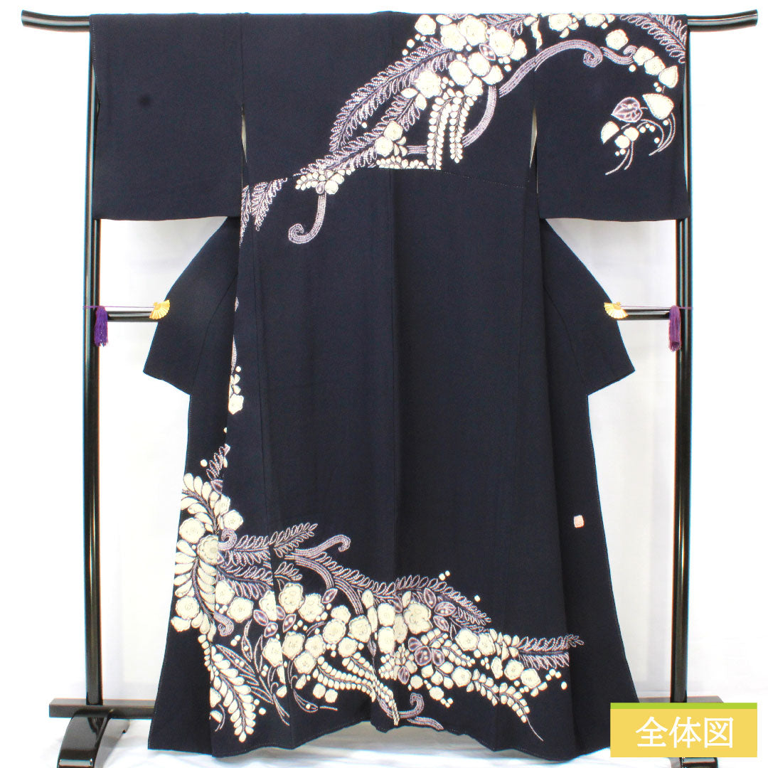 訪問着 正絹 袷 身丈158cm 裄丈67cm 青褐色(あおかちいろ) 辻ヶ花 部分絞り Aランク 紺系 1112005163318