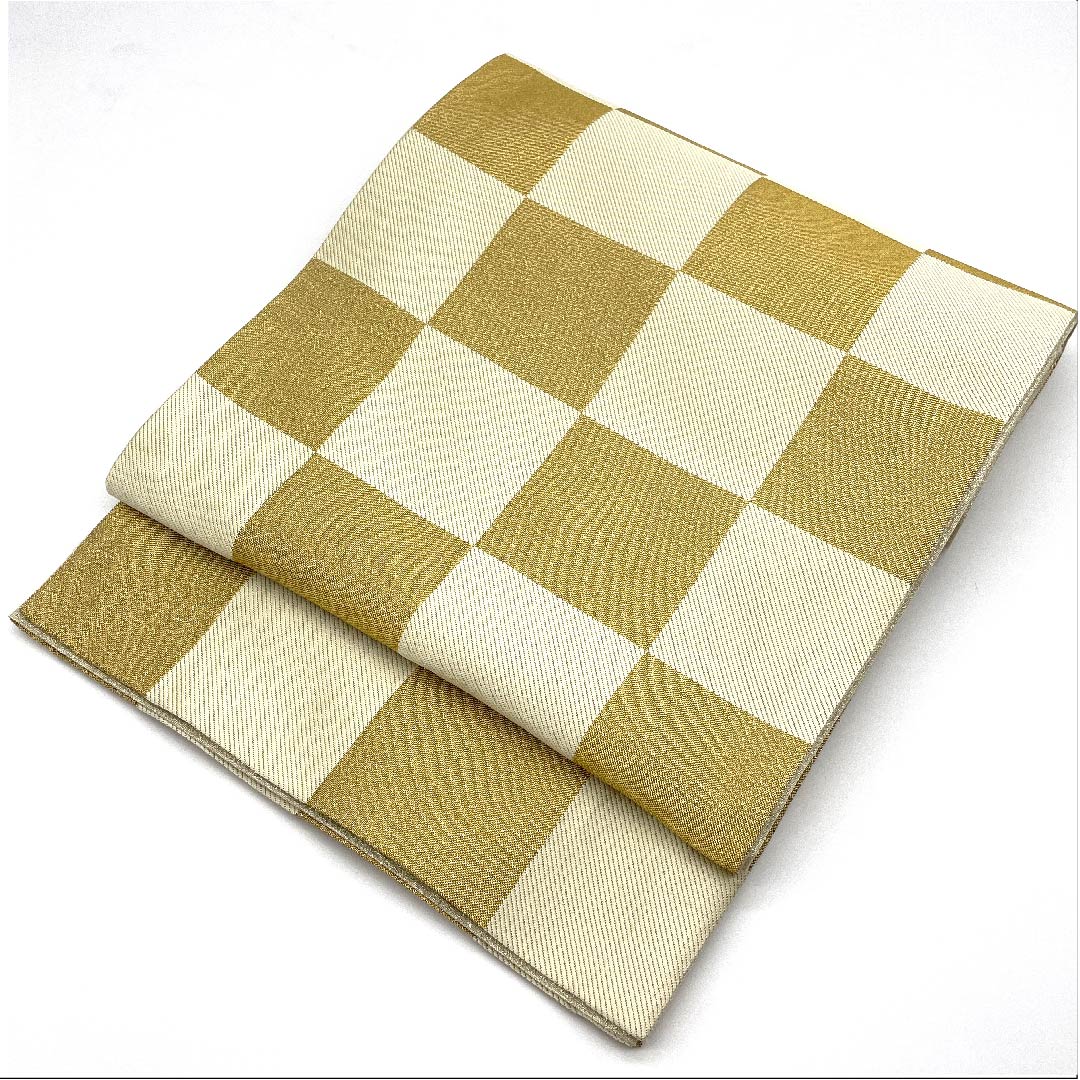 袋帯 金色 振袖用 市松 帯丈436cm 正絹 Sランク 六通 フォーマル 金系 1123006382321