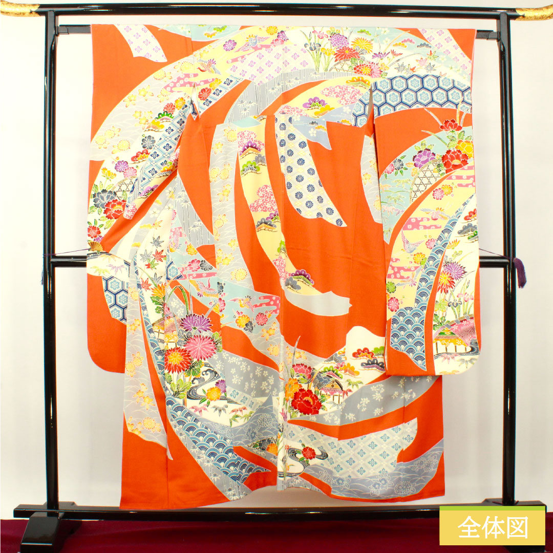 振袖 正絹 身丈151cm 裄丈62cm 袷 黄丹色 京紅型 吉祥文様 Aランク 橙系 1113001913226