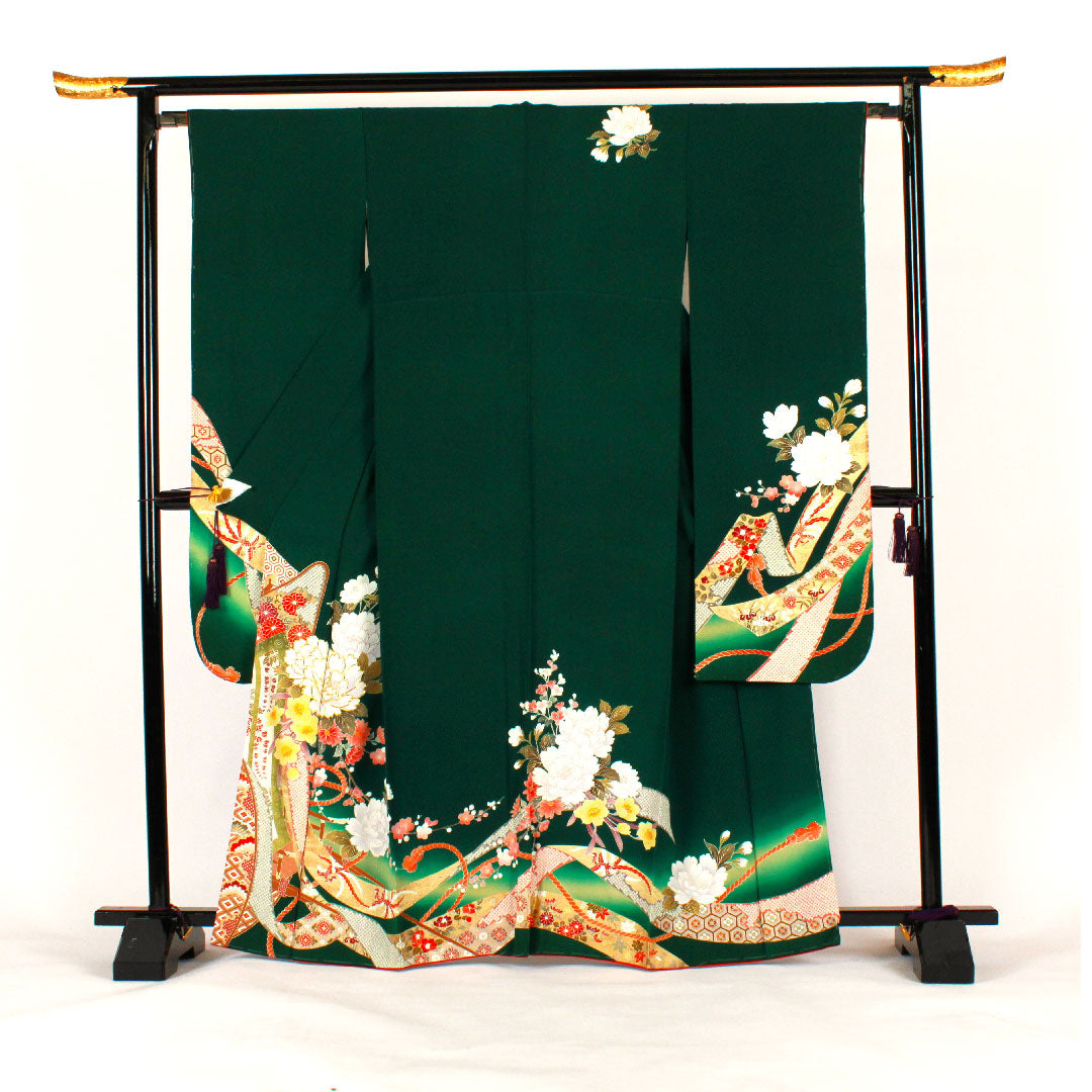 振袖 身丈165cm 裄丈65cm 袷 御所車に枝花模様 正絹 Sランク 緑系 1113000502519