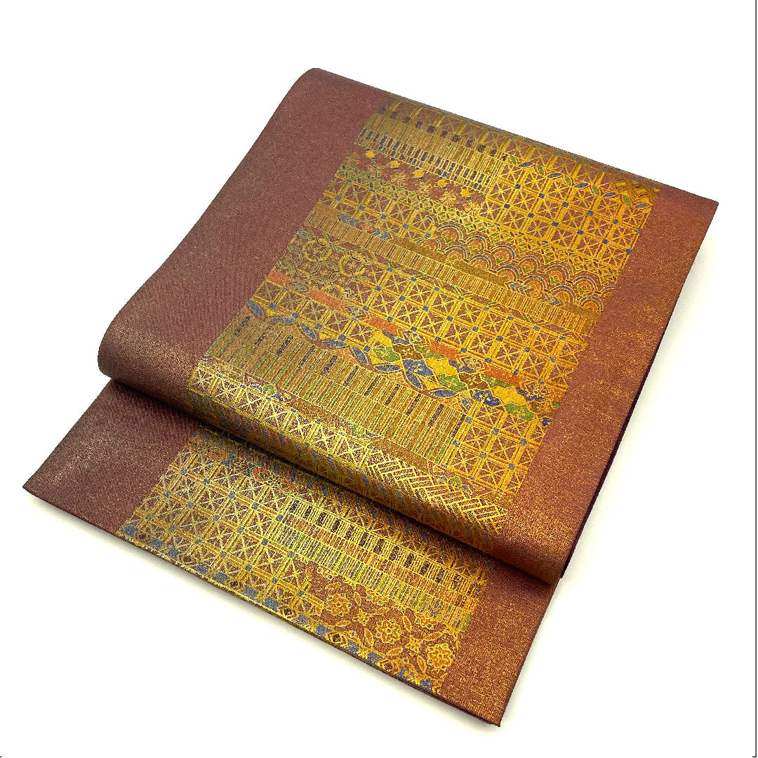 袋帯 七宝 麻の葉 染め帯 帯丈446cm 正絹 Sランク 全通 セミフォーマル 茶系 1123003392314