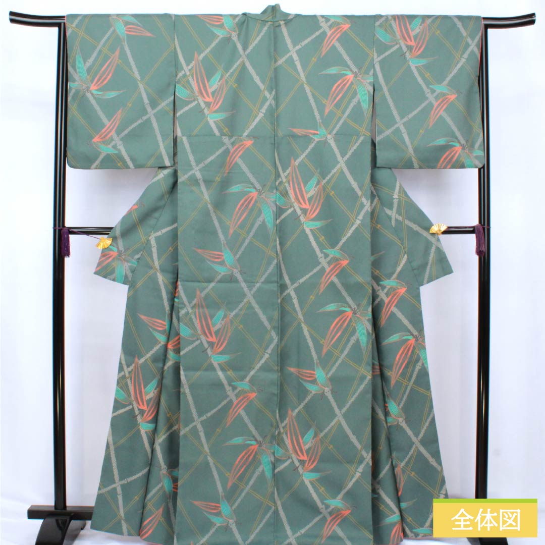 小紋 ポリエステル Aランク 身丈166.5cm 裄丈66cm 袷 湊煤竹色(みなとすすたけいろ) 竹 洗える着物 緑系 1115007453519