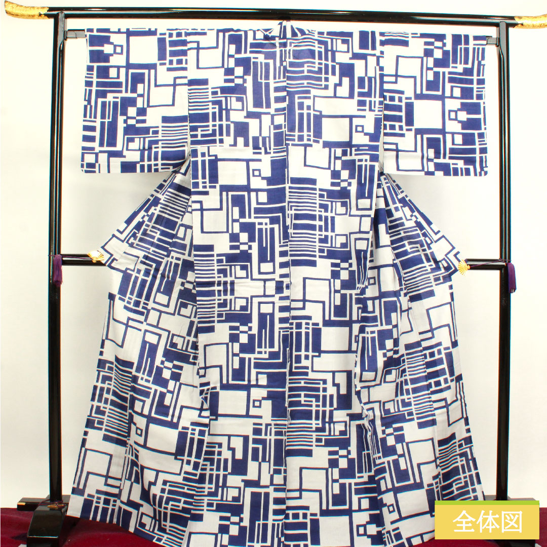 浴衣 木綿 身丈169.5cm 裄丈67cm Sランク 単衣 グレー系 鉛白色(えんぱくいろ) 幾何学模様 1118004602522