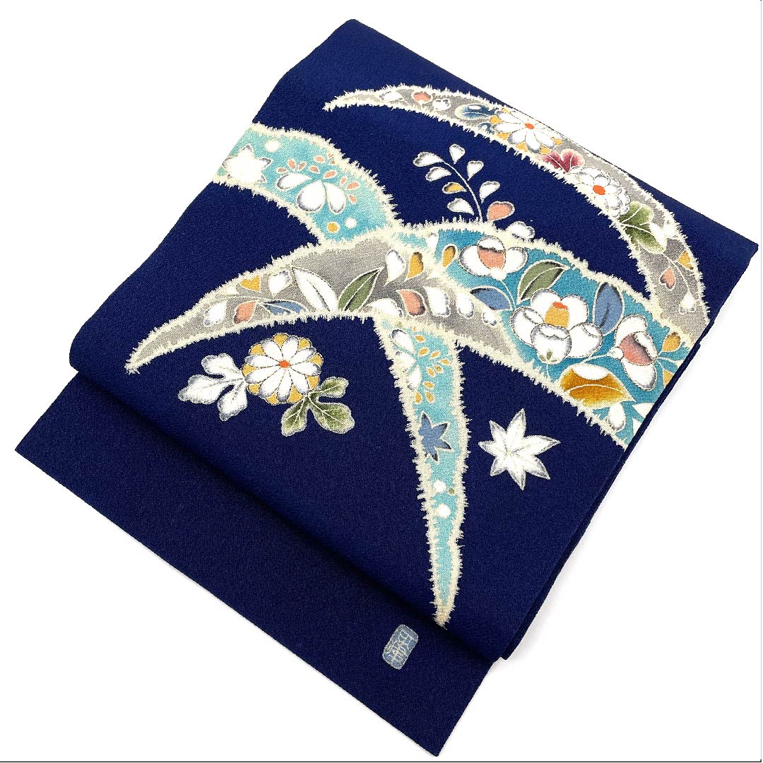 名古屋帯 紺瑠璃色 辻ヶ花 作家物 帯丈363cm 正絹 Sランク ポイント柄 カジュアル 青系 1124003612317 名古屋仕立て