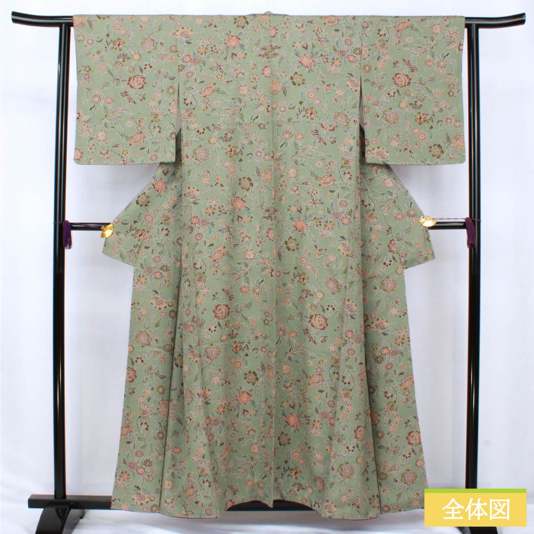 小紋 正絹 Sランク 身丈156.5cm 裄丈63cm 袷 利休鼠色(りきゅうねずみいろ) 更紗 緑系 1115007162319