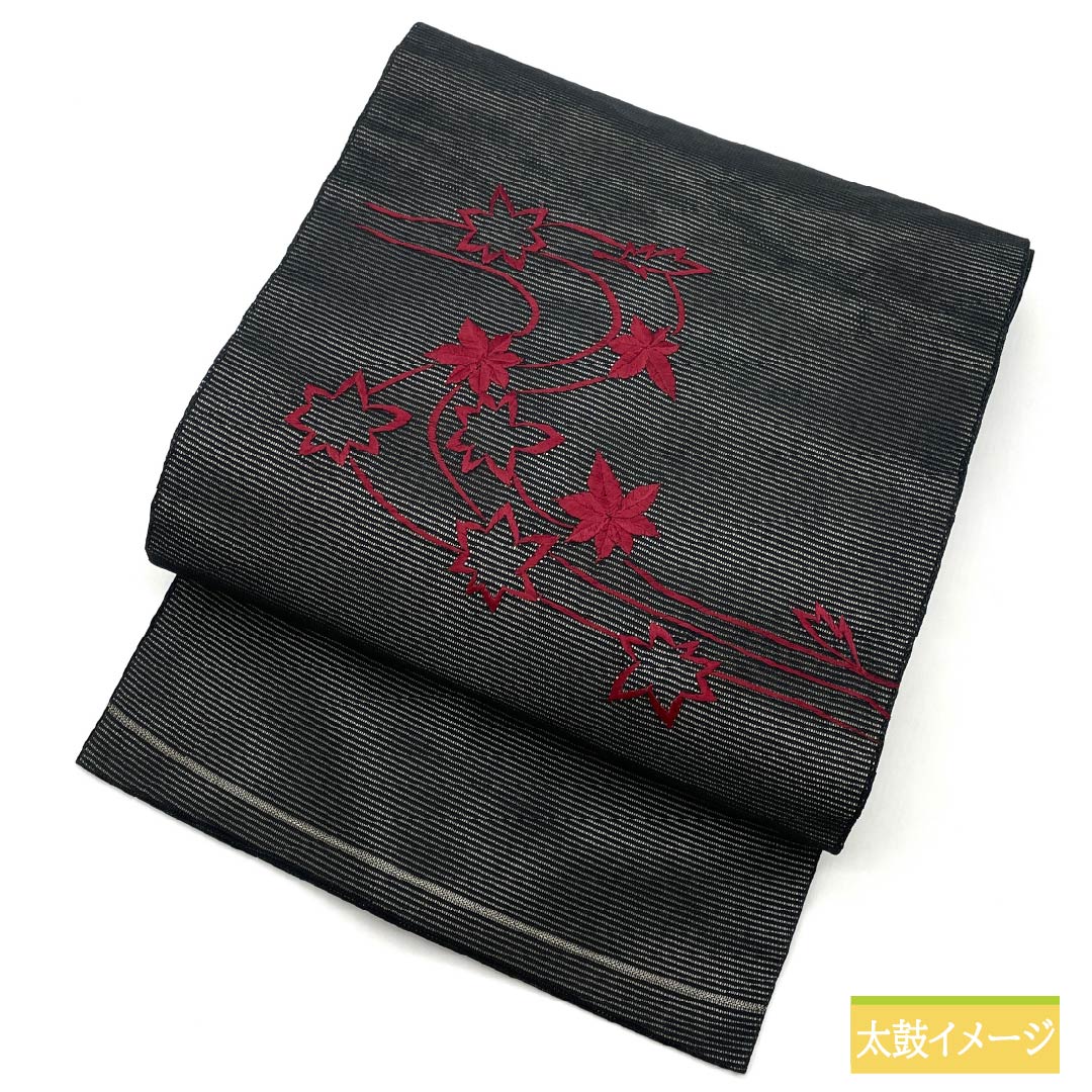 名古屋帯 正絹 夏帯 紅葉 刺繍 帯丈367cm Sランク ポイント柄 セミフォーマル 黒系 1124006752310 名古屋仕立て
