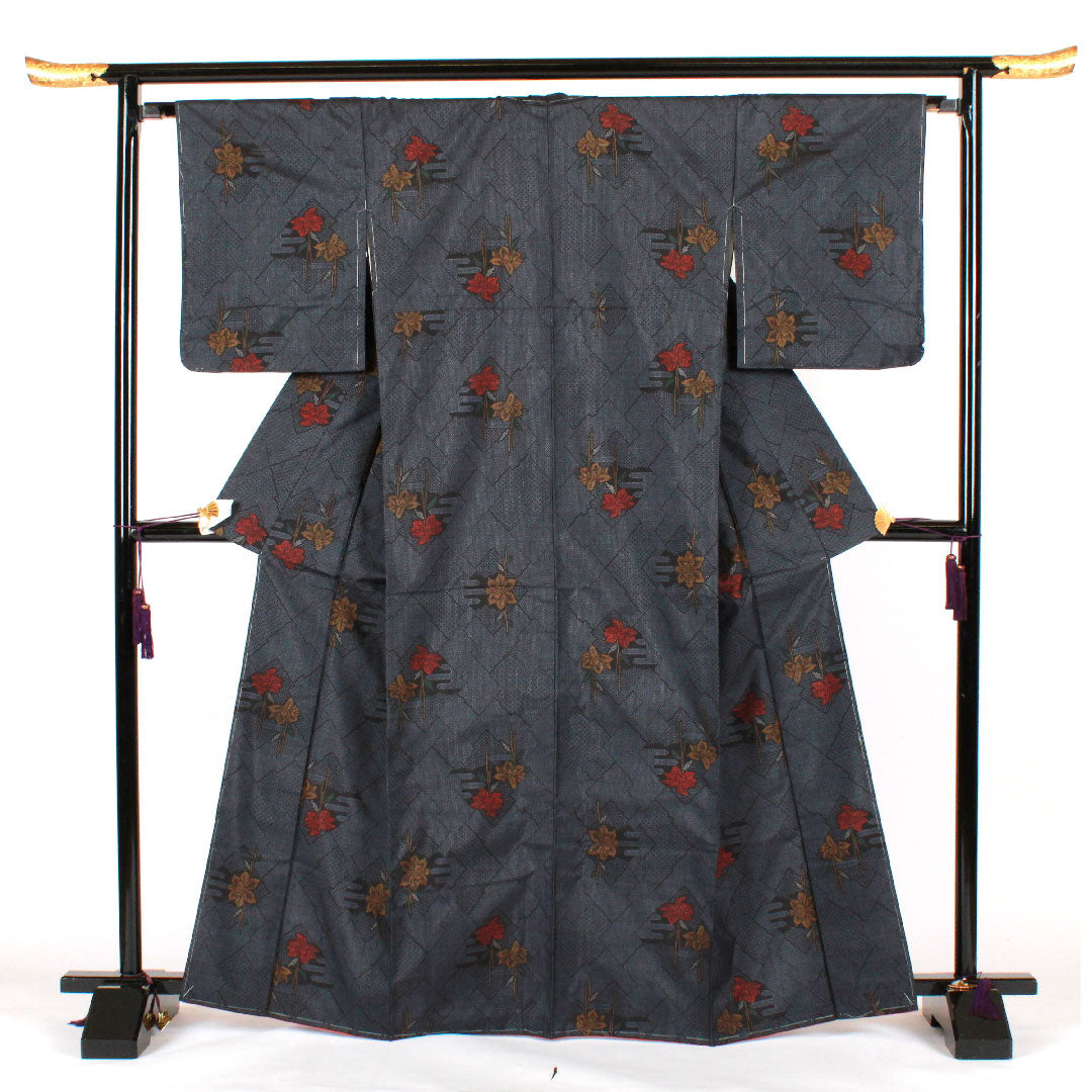 大島紬 身丈166.5cm 裄丈66cm 経緯絣 かんざし 幾何学模様 正絹 Aランク 袷 紺系 1116001543518