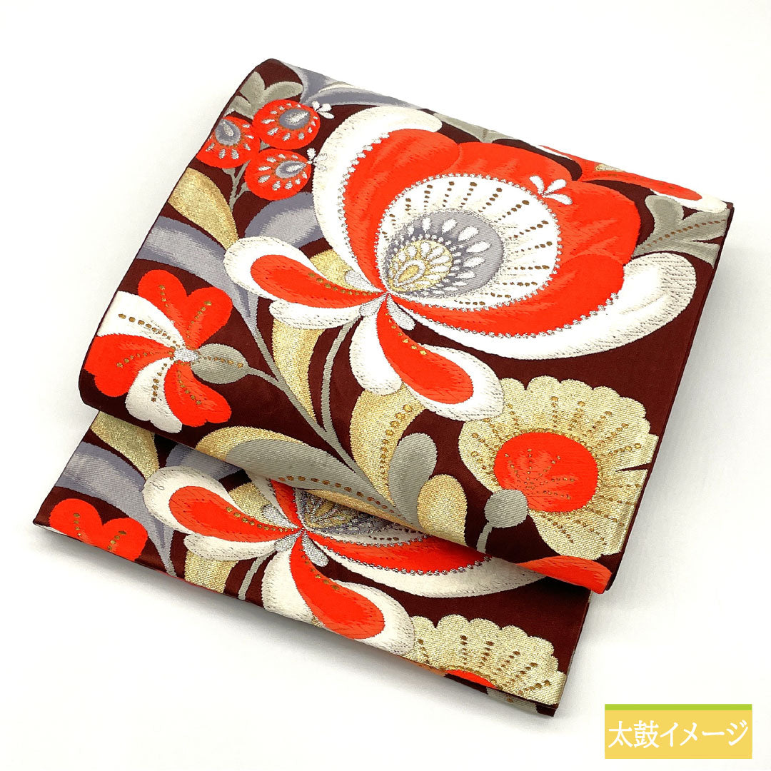 袋帯 正絹 Aランク 褐色色(かっしょくいろ) 西陣織 抽象花 帯丈428cm 六通 セミフォーマル 茶系 1123016163314