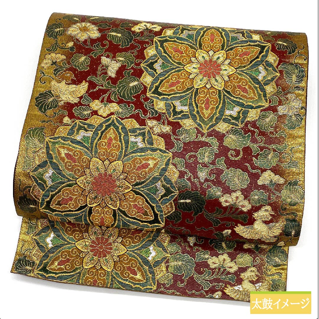 袋帯 正絹 小豆茶色(あずきちゃいろ) 宝相華黄金琉璃鏡 鳳凰 花唐草 帯丈442cm Aランク 六通 フォーマル 朱系 1123011863316