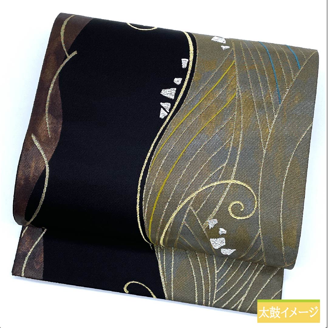 袋帯 正絹 黒色(くろいろ) 染分け 波文 帯丈436cm Sランク 六通 セミフォーマル 黒系 1123011472310