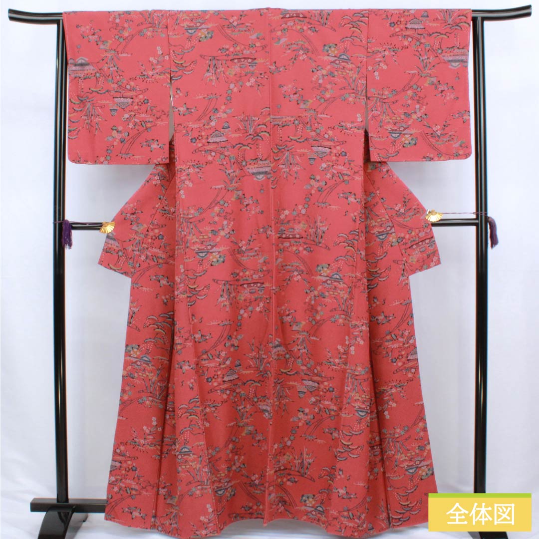 小紋 正絹 Aランク 身丈162cm 裄丈64cm 袷 祭紅色(さいこういろ) 茶屋辻 松竹梅 型染 赤系 1115006883412