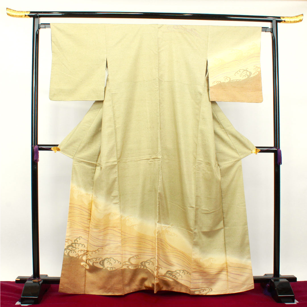 Homongi, pure silk, lined, length 164.5cm, sleeve length 65cm, wax color, pongee fabric, wave, A rank, beige, 1112003003425