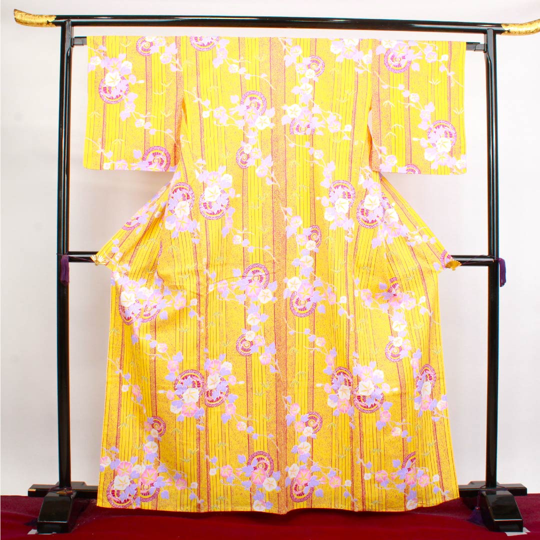 浴衣 卵色 朝顔 和傘 木綿 Sランク 単衣 身丈165cm 裄丈65cm 黄系 1118004022523