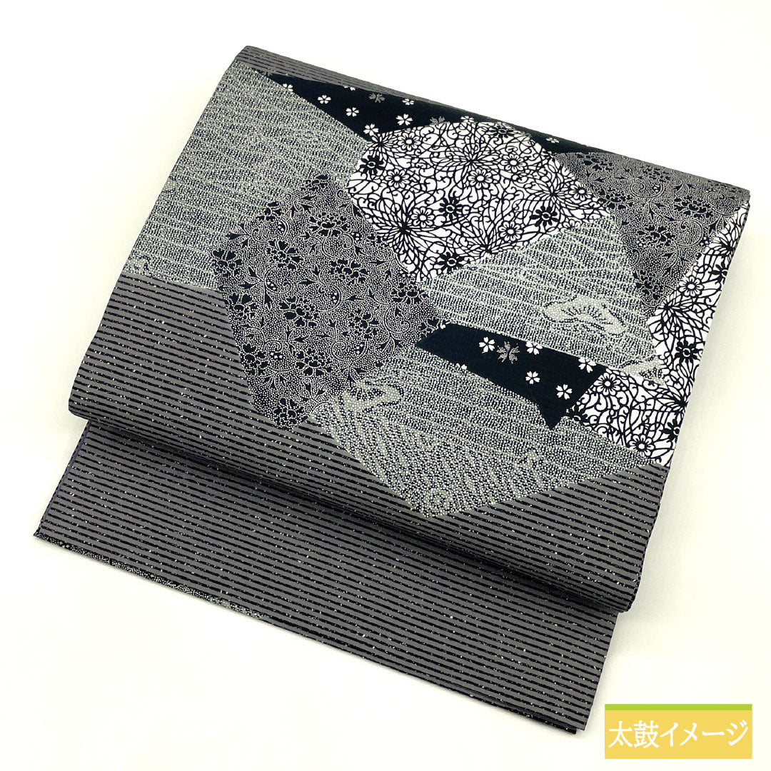 袋帯 正絹 Sランク 染め帯 作家物 型染模様 帯丈446cm ポイント柄 カジュアル グレー系 1123017392322