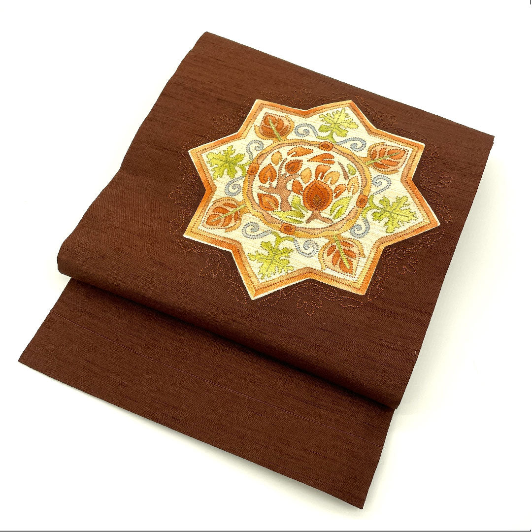 名古屋帯 相良刺繍 抽象華模様 帯丈357cm 正絹 Sランク ポイント柄 カジュアル 茶系 1124001412314 名古屋仕立て